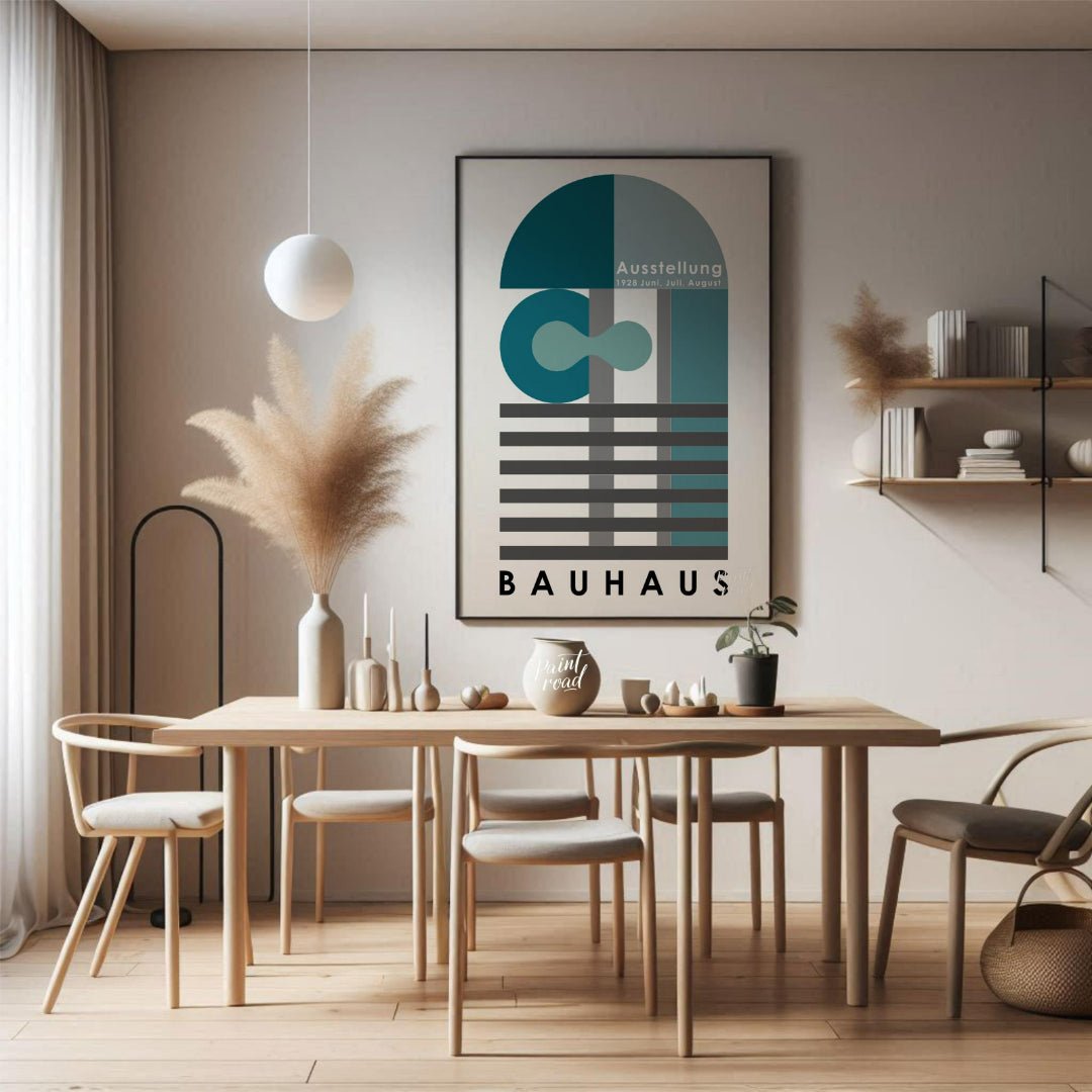 This Bauhaus exhibition poster from June, July, August 1928, presents a sophisticated composition o… for dining room
