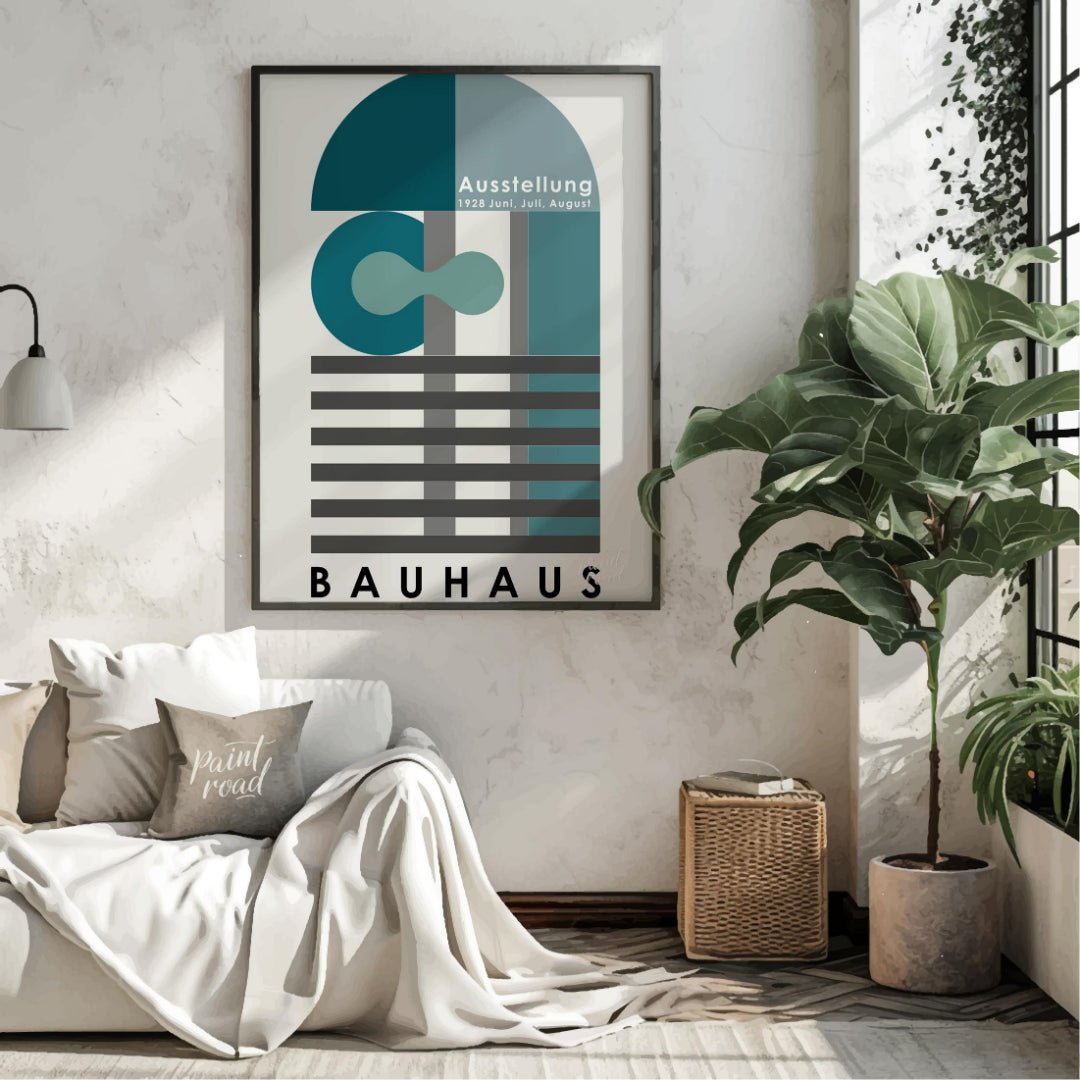 This Bauhaus exhibition poster from June, July, August 1928, presents a sophisticated composition o… for living room