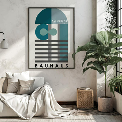 This Bauhaus exhibition poster from June, July, August 1928, presents a sophisticated composition o… for living room
