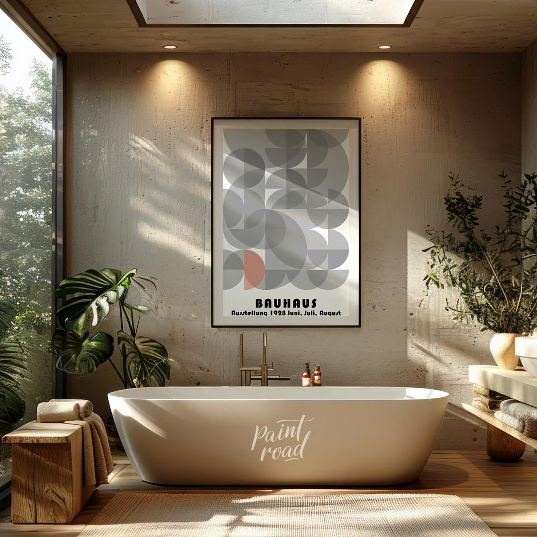 This abstract Bauhaus poster is a vibrant display of interconnected semi-circles and quarter-circle… for bathroom