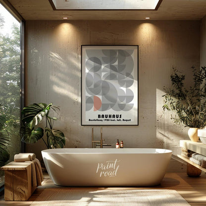 This abstract Bauhaus poster is a vibrant display of interconnected semi-circles and quarter-circle… for bathroom
