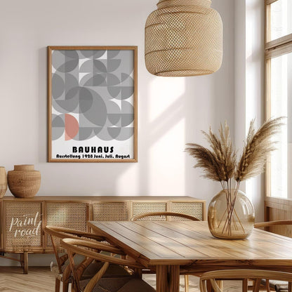 This abstract Bauhaus poster is a vibrant display of interconnected semi-circles and quarter-circle… for dining room