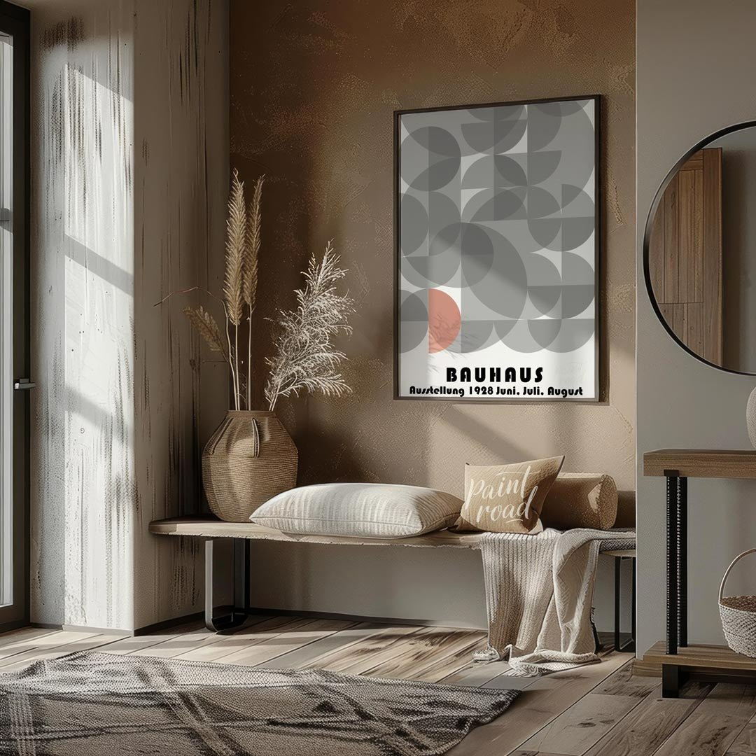 This abstract Bauhaus poster is a vibrant display of interconnected semi-circles and quarter-circle… for entryway