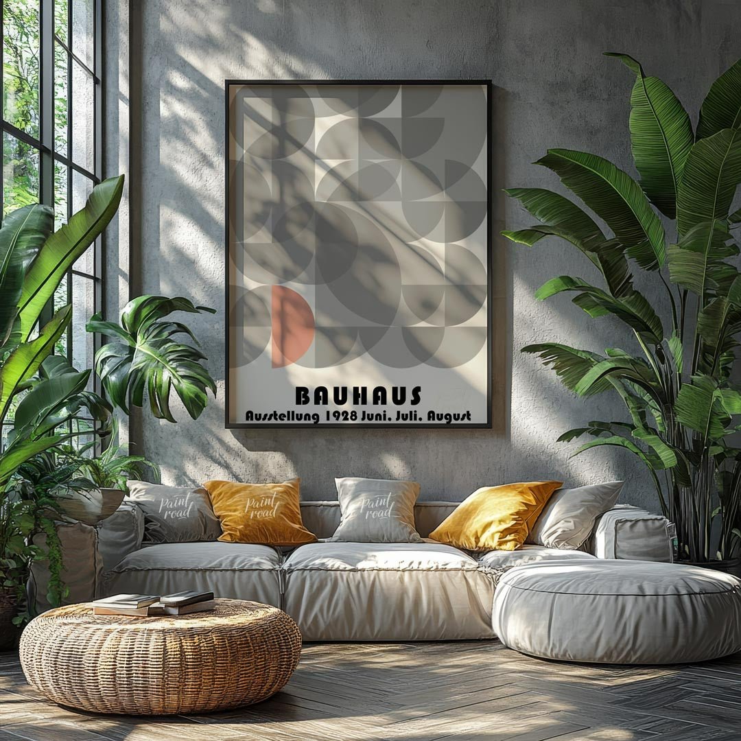 This abstract Bauhaus poster is a vibrant display of interconnected semi-circles and quarter-circle… for living room