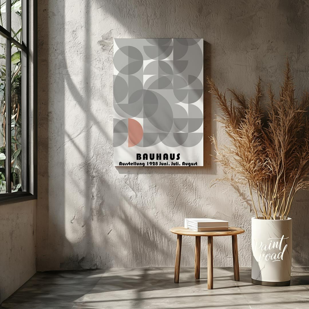 This abstract Bauhaus poster is a vibrant display of interconnected semi-circles and quarter-circle… for living room
