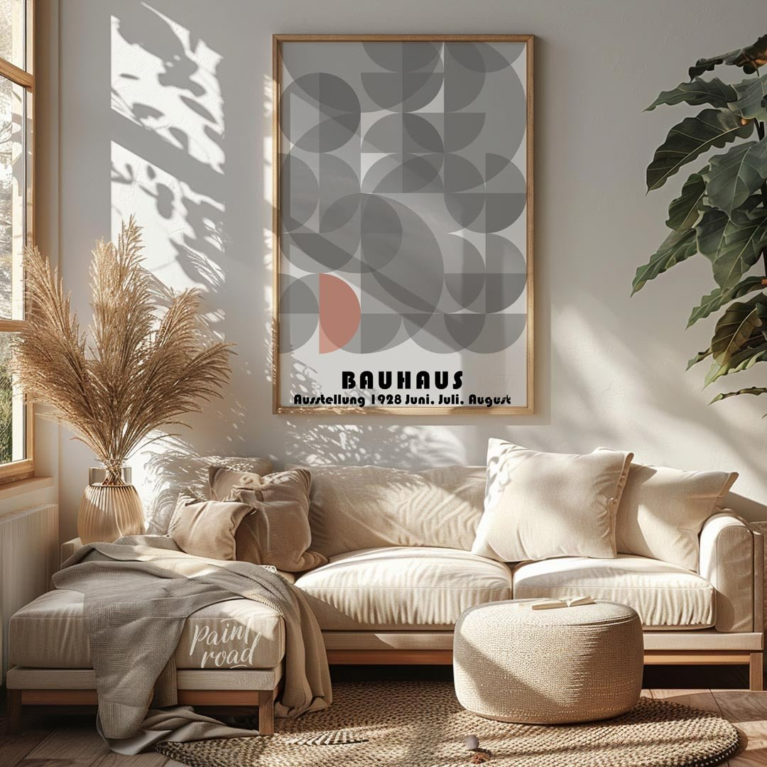 This abstract Bauhaus poster is a vibrant display of interconnected semi-circles and quarter-circle… for living room