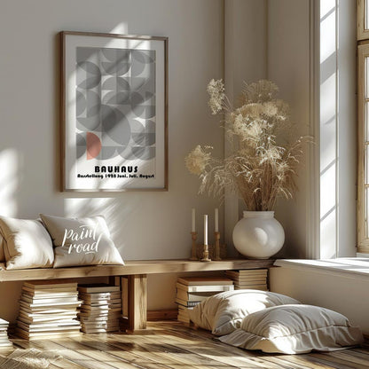 This abstract Bauhaus poster is a vibrant display of interconnected semi-circles and quarter-circle… for living room