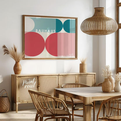 This harmonious Bauhaus-inspired poster showcases a balanced composition of large circular and semi… for dining room