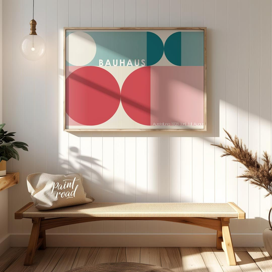 This harmonious Bauhaus-inspired poster showcases a balanced composition of large circular and semi… for entryway