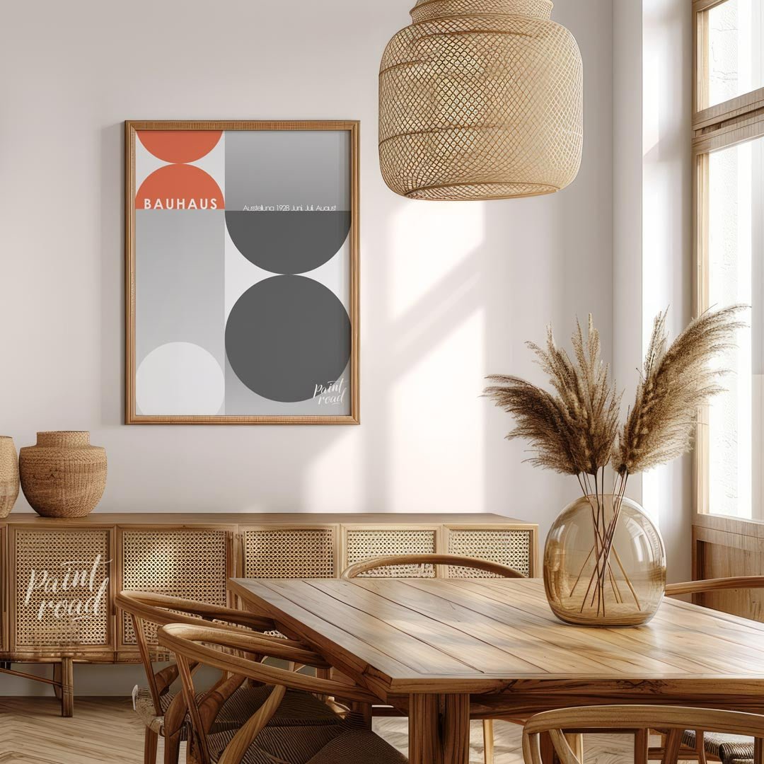 This poster, evocative of a Bauhaus exhibition in 1928, showcases a dynamic interplay of large circ… for dining room