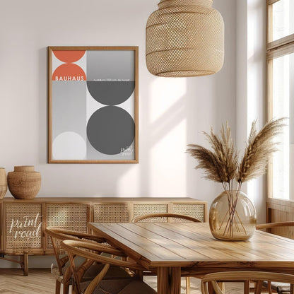This poster, evocative of a Bauhaus exhibition in 1928, showcases a dynamic interplay of large circ… for dining room