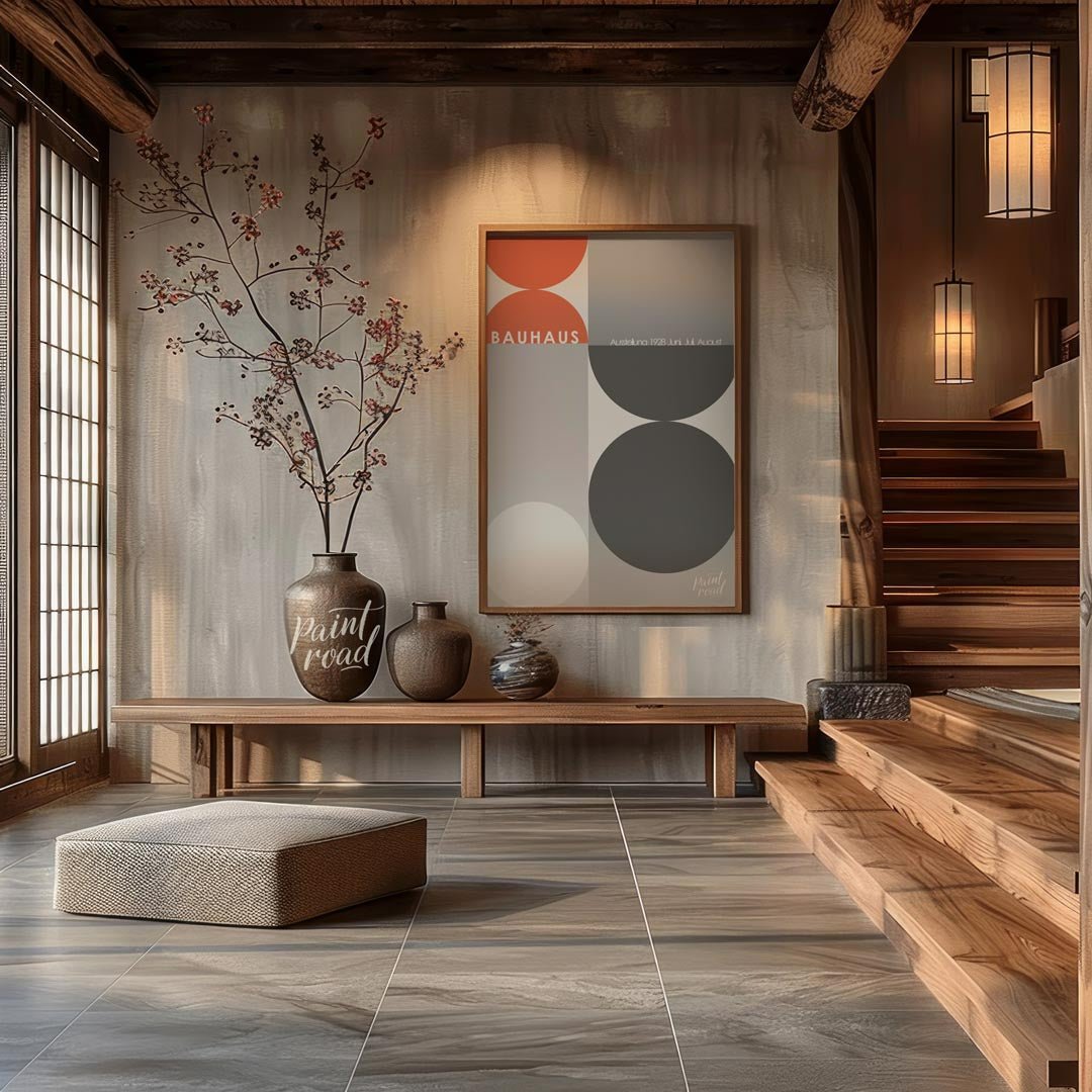 This poster, evocative of a Bauhaus exhibition in 1928, showcases a dynamic interplay of large circ… for entryway