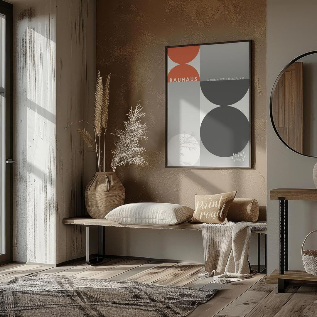 This poster, evocative of a Bauhaus exhibition in 1928, showcases a dynamic interplay of large circ… for entryway