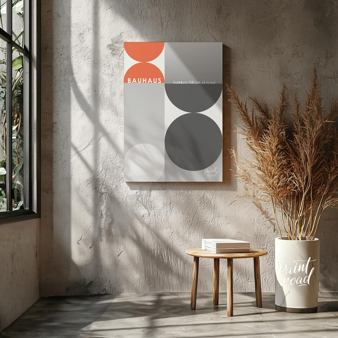 This poster, evocative of a Bauhaus exhibition in 1928, showcases a dynamic interplay of large circ… for living room