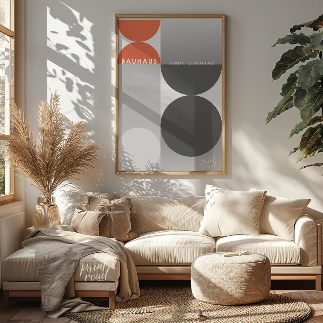This poster, evocative of a Bauhaus exhibition in 1928, showcases a dynamic interplay of large circ… for living room