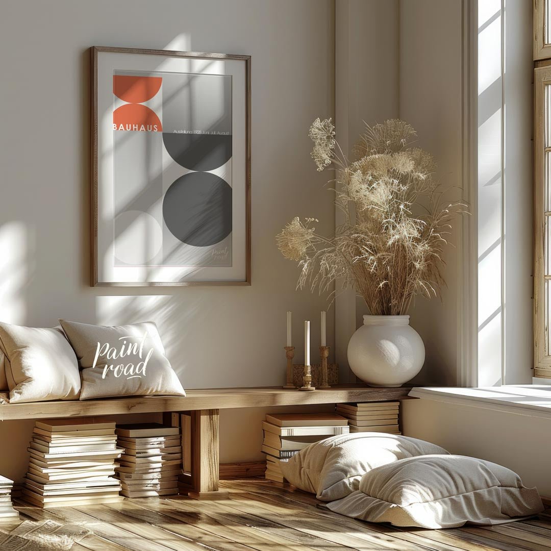 This poster, evocative of a Bauhaus exhibition in 1928, showcases a dynamic interplay of large circ… for living room