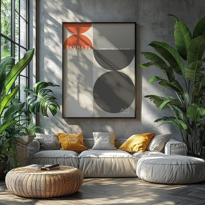 This poster, evocative of a Bauhaus exhibition in 1928, showcases a dynamic interplay of large circ… for living room