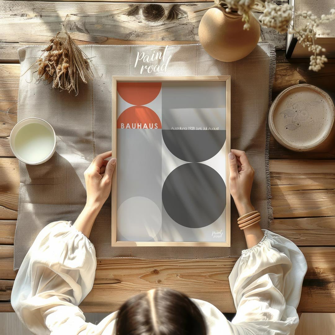 This poster, evocative of a Bauhaus exhibition in 1928, showcases a dynamic interplay of large circ… for other