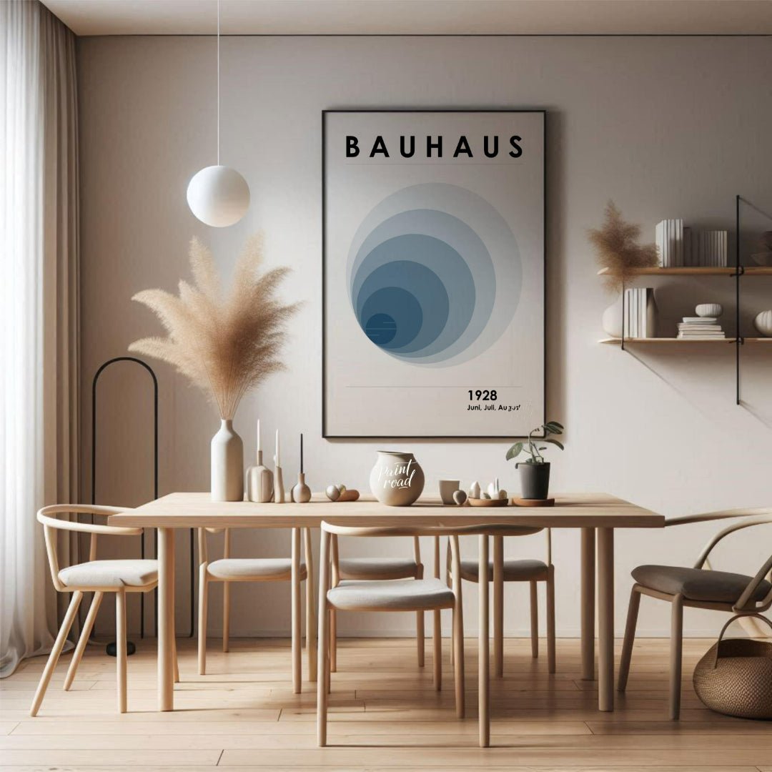 This captivating digital poster, titled "Bauhaus 1928 Fading Circles Poster," embodies the experime… for dining room