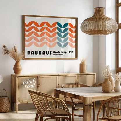 This vibrant Bauhaus-inspired poster showcases a captivating pattern composed of interlocking, leaf… for dining room