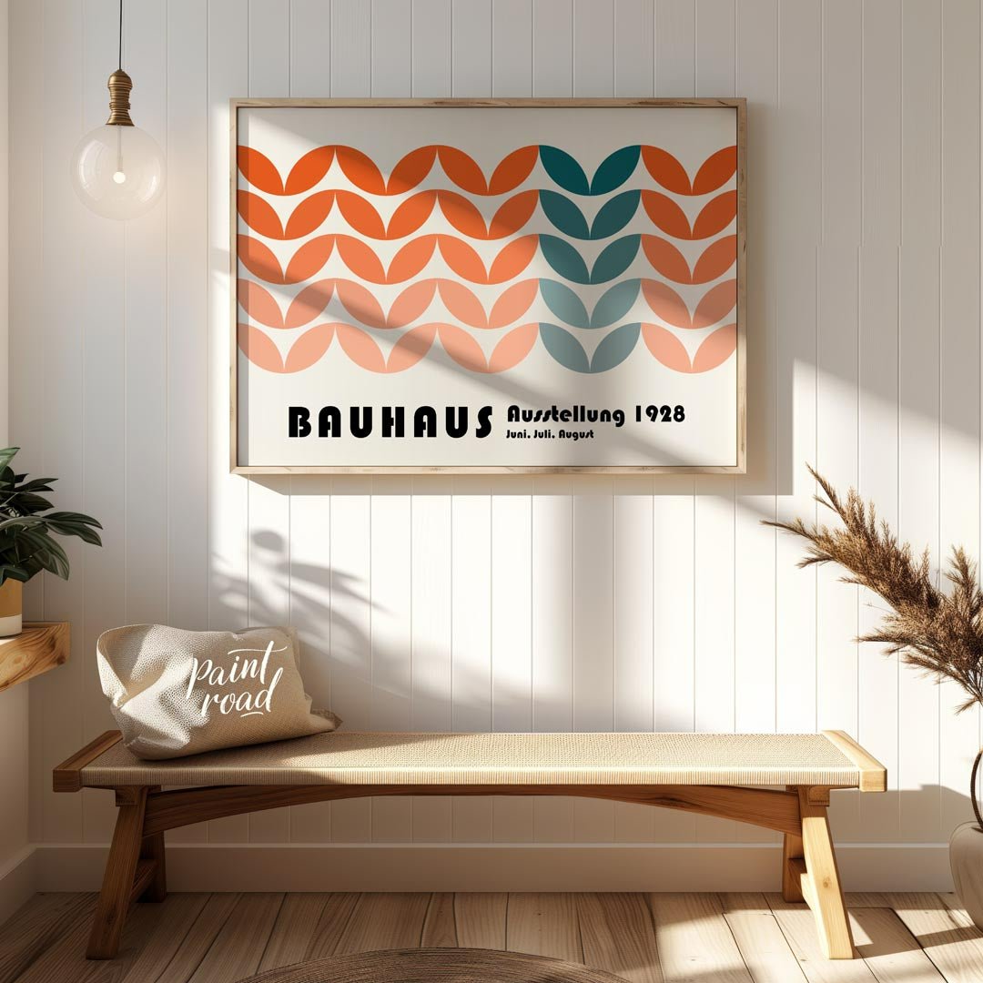 This vibrant Bauhaus-inspired poster showcases a captivating pattern composed of interlocking, leaf… for entryway