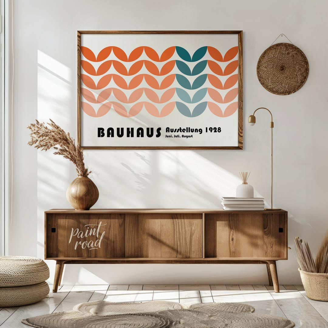 This vibrant Bauhaus-inspired poster showcases a captivating pattern composed of interlocking, leaf… for living room