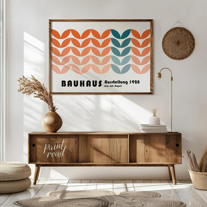 This vibrant Bauhaus-inspired poster showcases a captivating pattern composed of interlocking, leaf… for living room