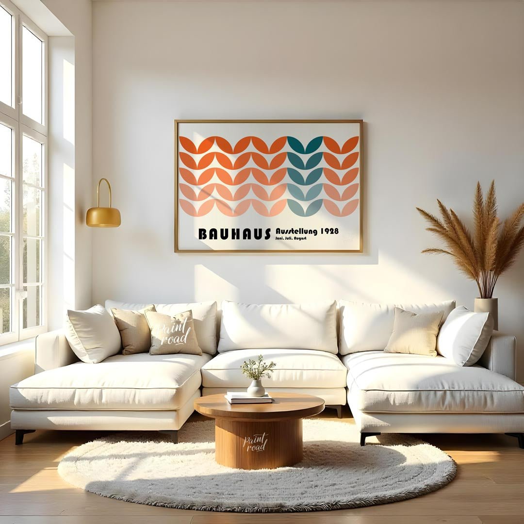 This vibrant Bauhaus-inspired poster showcases a captivating pattern composed of interlocking, leaf… for living room