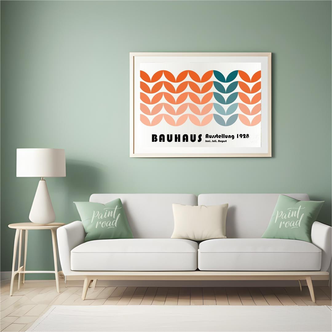 This vibrant Bauhaus-inspired poster showcases a captivating pattern composed of interlocking, leaf… for living room