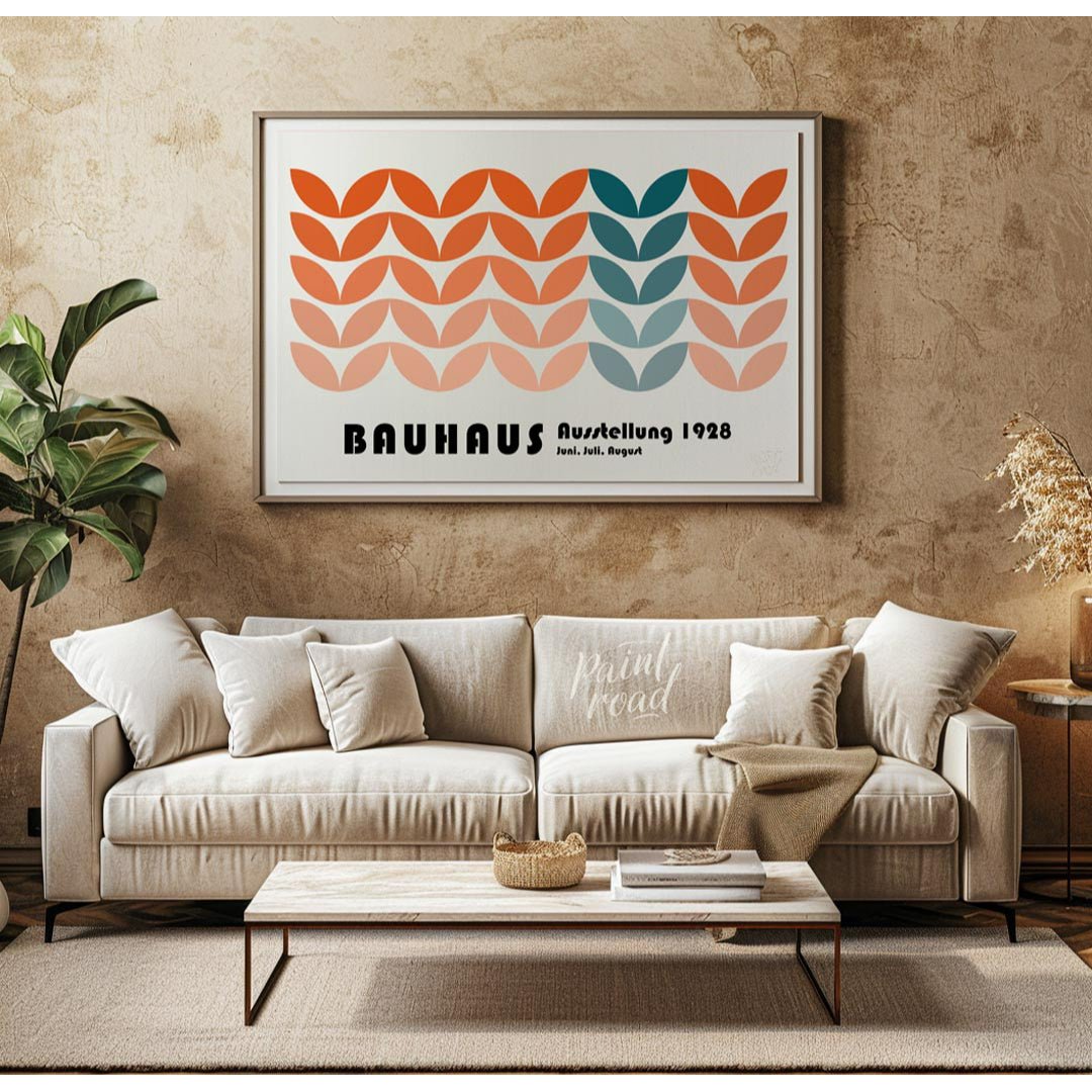 This vibrant Bauhaus-inspired poster showcases a captivating pattern composed of interlocking, leaf… for living room