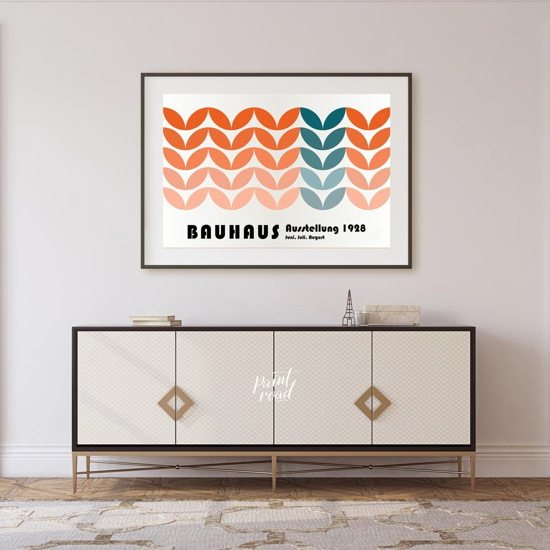 This vibrant Bauhaus-inspired poster showcases a captivating pattern composed of interlocking, leaf… for living room