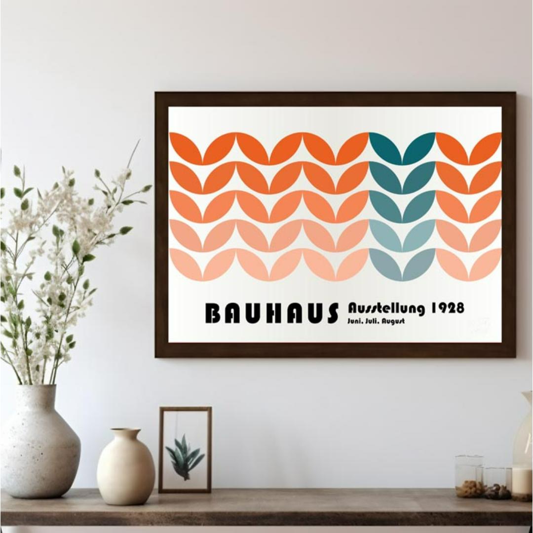 This vibrant Bauhaus-inspired poster showcases a captivating pattern composed of interlocking, leaf… for living room