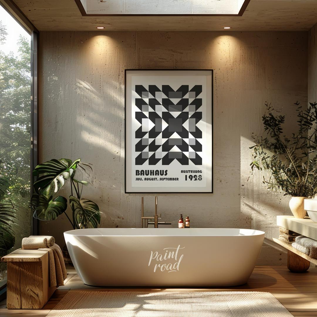 This captivating Bauhaus poster from 1928 features an intricate geometric pattern of squares and di… for bathroom