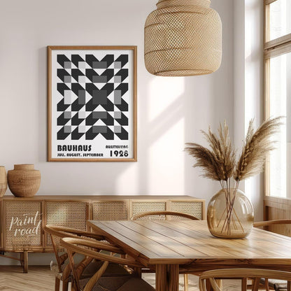 This captivating Bauhaus poster from 1928 features an intricate geometric pattern of squares and di… for dining room