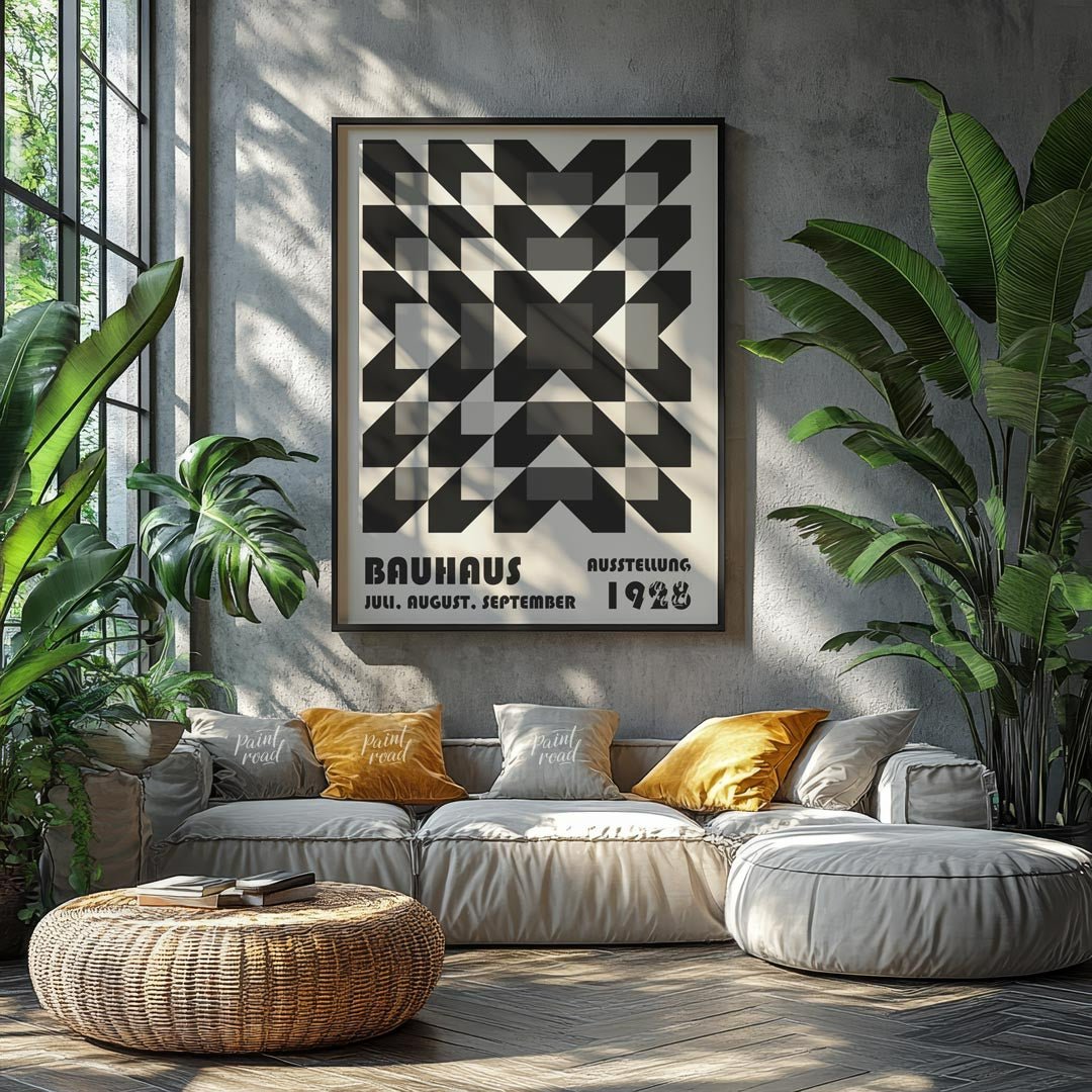 This captivating Bauhaus poster from 1928 features an intricate geometric pattern of squares and di… for living room