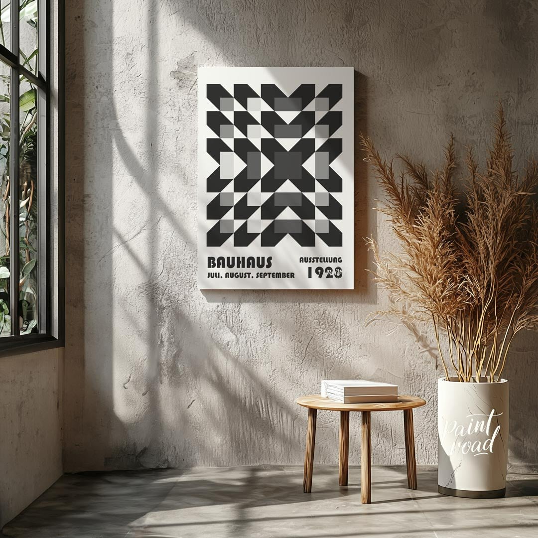 This captivating Bauhaus poster from 1928 features an intricate geometric pattern of squares and di… for living room