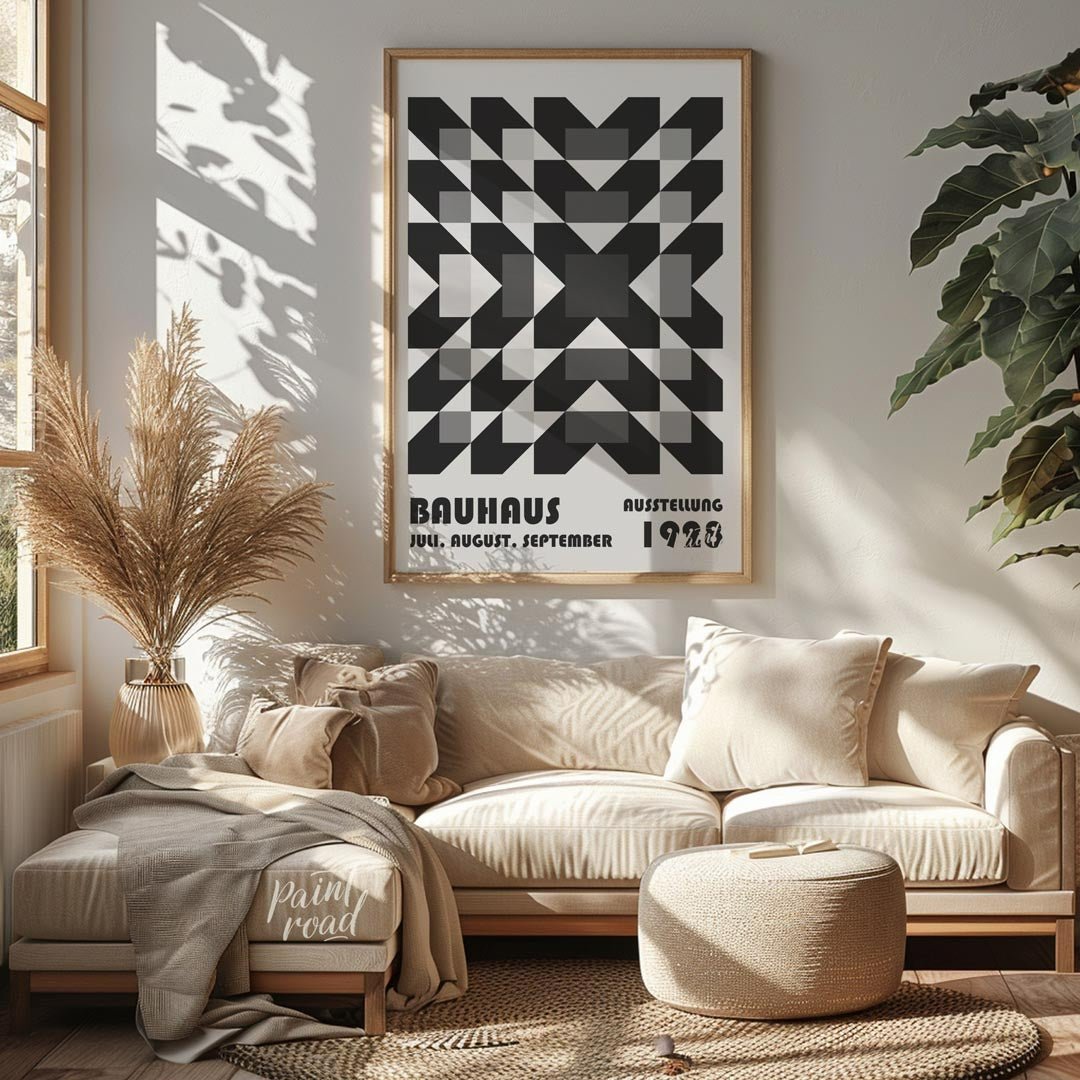 This captivating Bauhaus poster from 1928 features an intricate geometric pattern of squares and di… for living room