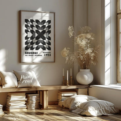 This captivating Bauhaus poster from 1928 features an intricate geometric pattern of squares and di… for living room