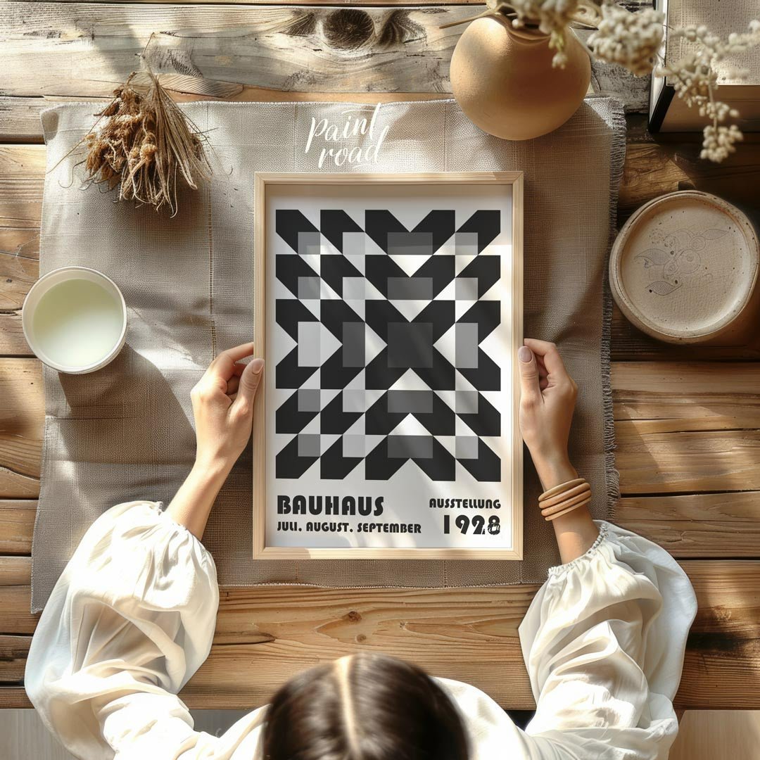 This captivating Bauhaus poster from 1928 features an intricate geometric pattern of squares and di… for other