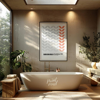 This Bauhaus-inspired poster features a rhythmic pattern of stylized leaf-like or chevron shapes, p… for bathroom