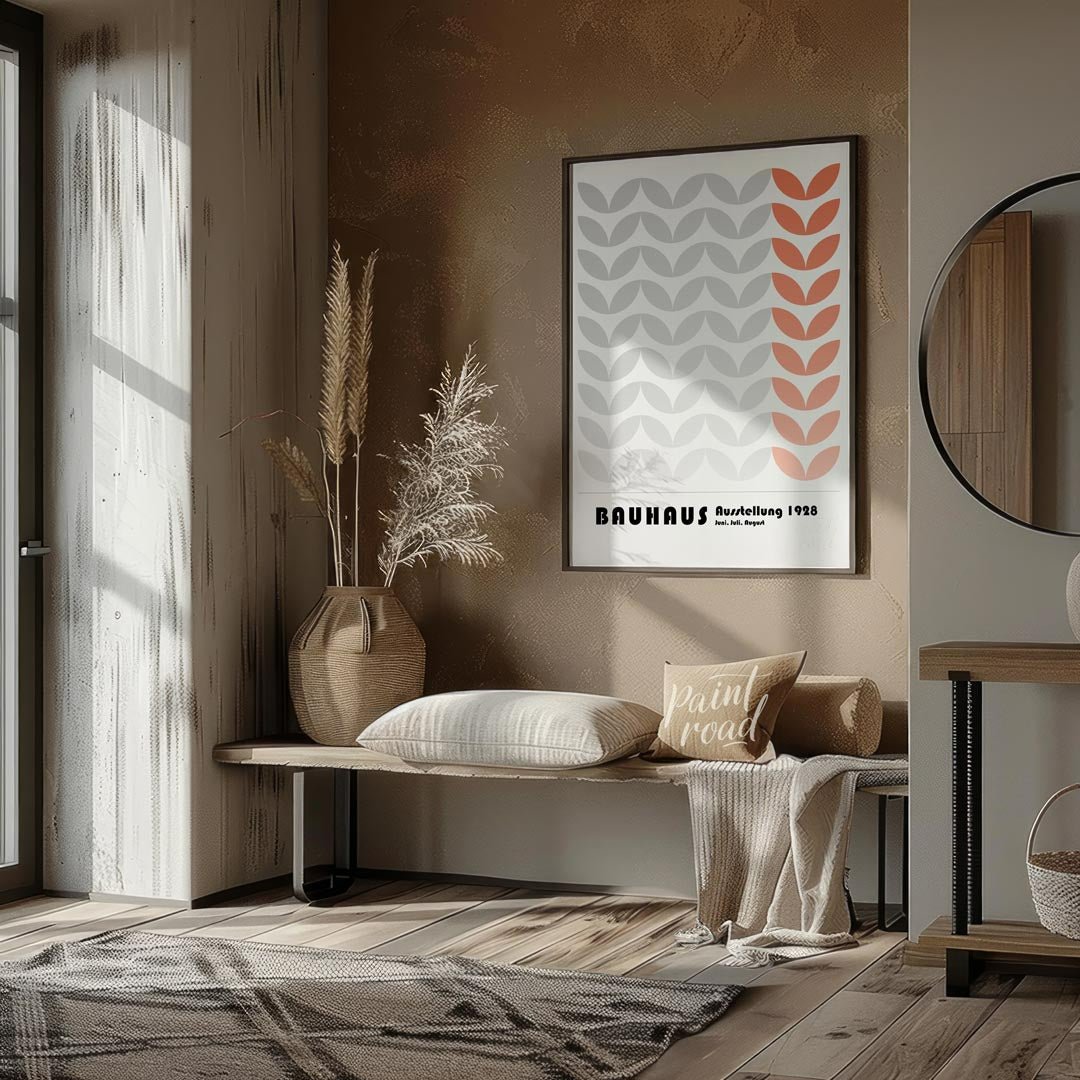 This Bauhaus-inspired poster features a rhythmic pattern of stylized leaf-like or chevron shapes, p… for entryway
