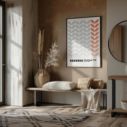 This Bauhaus-inspired poster features a rhythmic pattern of stylized leaf-like or chevron shapes, p… for entryway