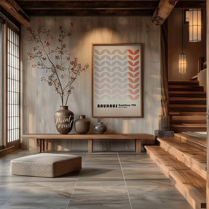 This Bauhaus-inspired poster features a rhythmic pattern of stylized leaf-like or chevron shapes, p… for entryway
