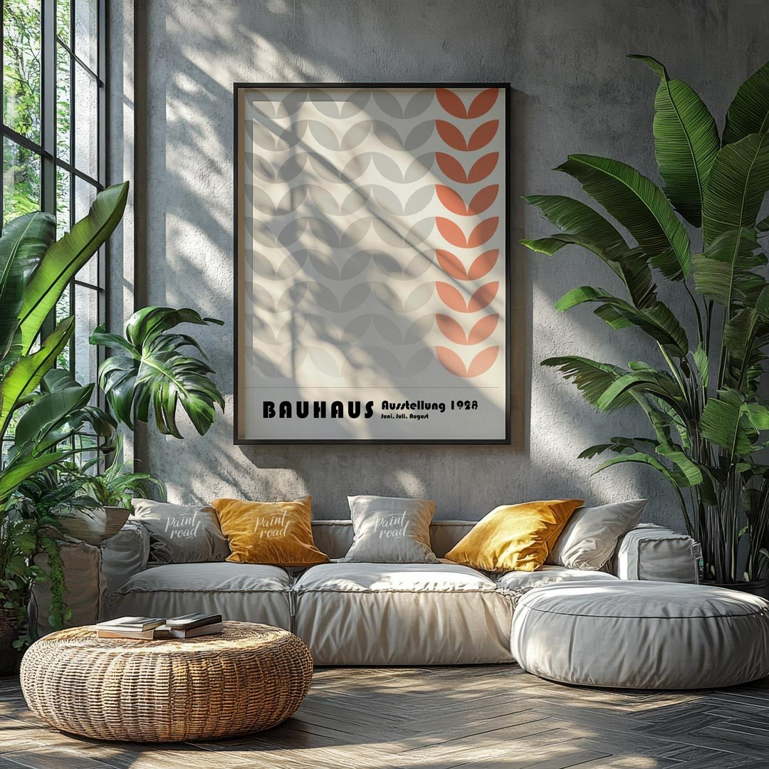 This Bauhaus-inspired poster features a rhythmic pattern of stylized leaf-like or chevron shapes, p… for living room