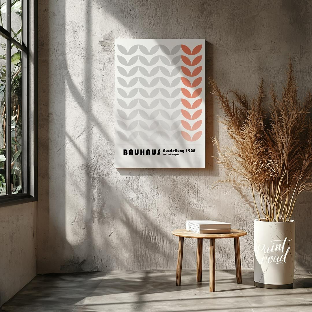 This Bauhaus-inspired poster features a rhythmic pattern of stylized leaf-like or chevron shapes, p… for living room