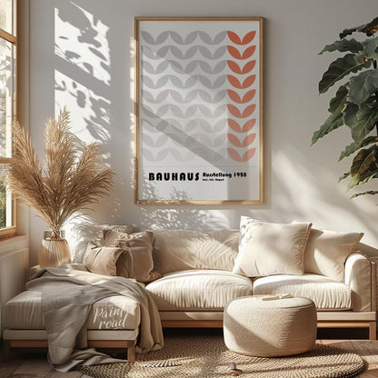 This Bauhaus-inspired poster features a rhythmic pattern of stylized leaf-like or chevron shapes, p… for living room