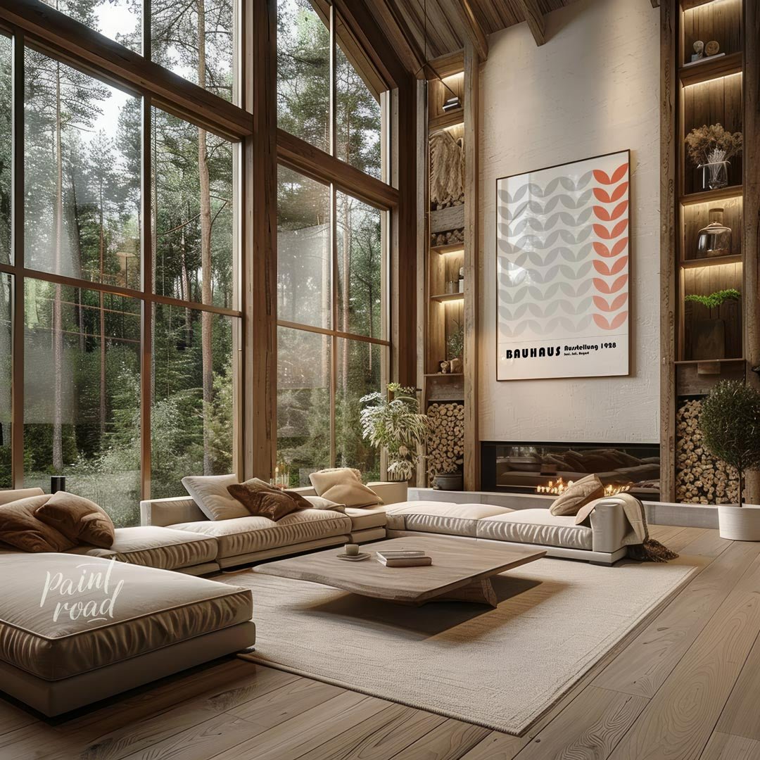 This Bauhaus-inspired poster features a rhythmic pattern of stylized leaf-like or chevron shapes, p… for living room