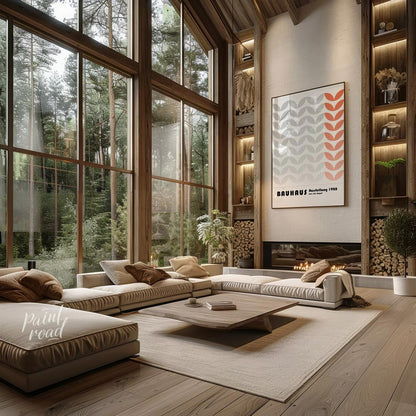 This Bauhaus-inspired poster features a rhythmic pattern of stylized leaf-like or chevron shapes, p… for living room