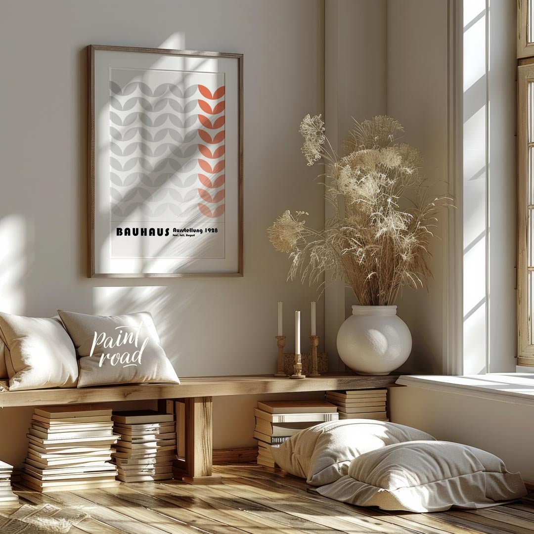 This Bauhaus-inspired poster features a rhythmic pattern of stylized leaf-like or chevron shapes, p… for living room