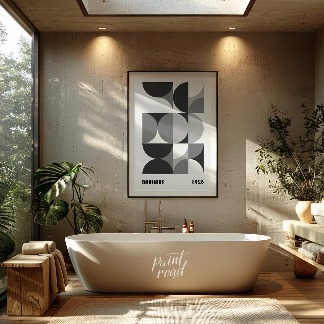 This compelling Bauhaus poster from 1928 presents a harmonious arrangement of circular and semi-cir… for bathroom